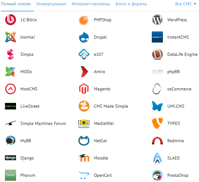 список доступных cms для установки